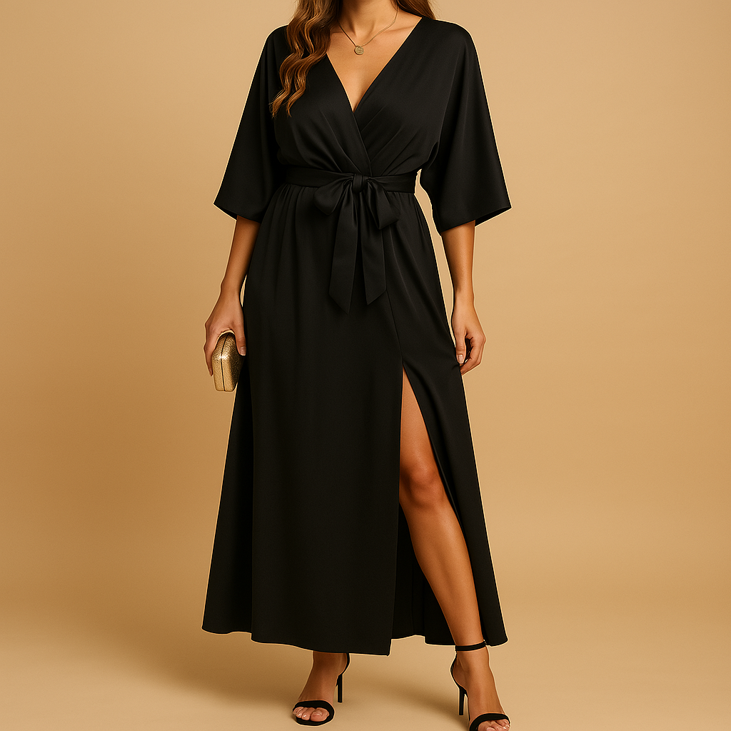 Elira – Elegante V-halsjurk met korte mouwen en gedefinieerde hoge taille