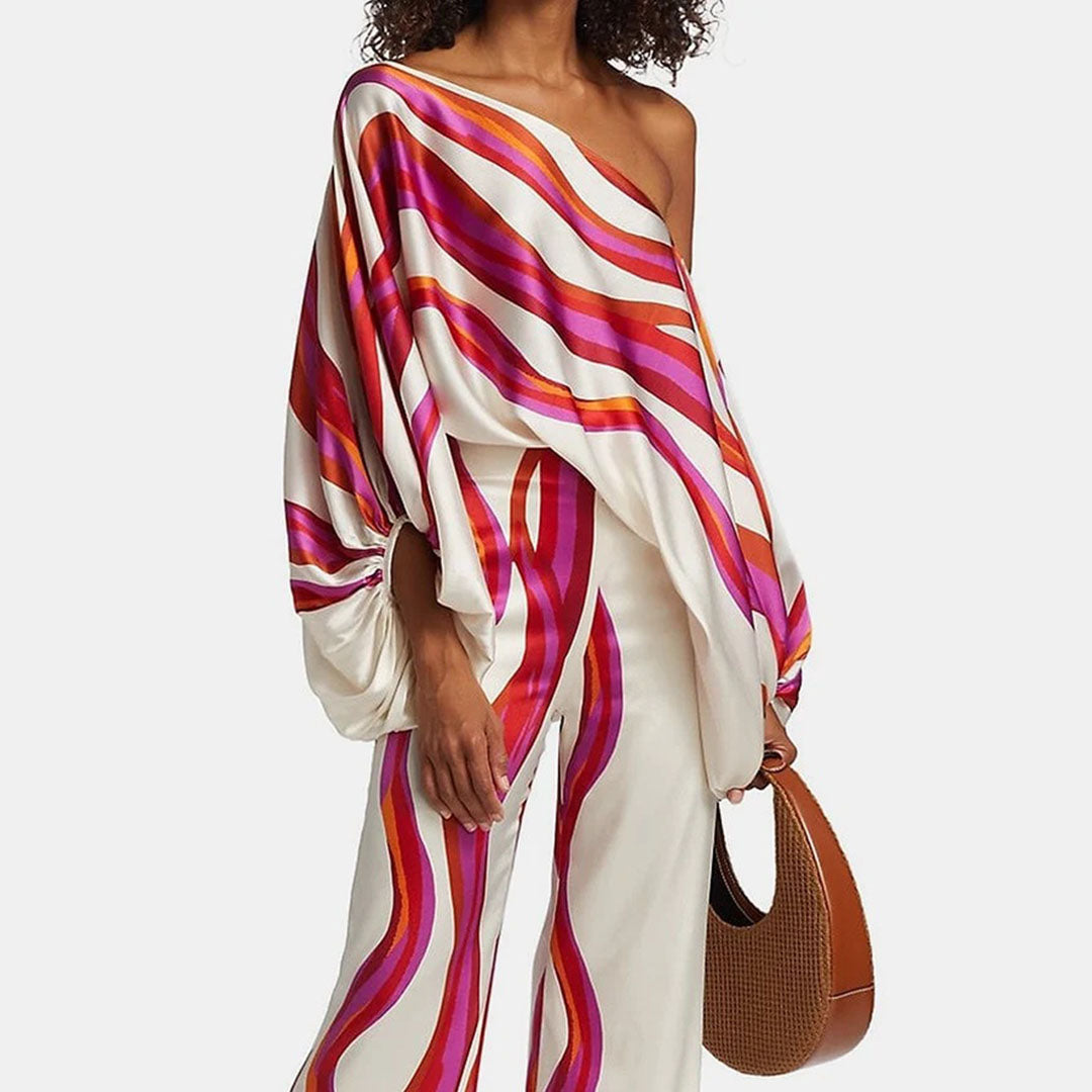 Maya - Elegante tweedelige outfit met willekeurige lijnenprint