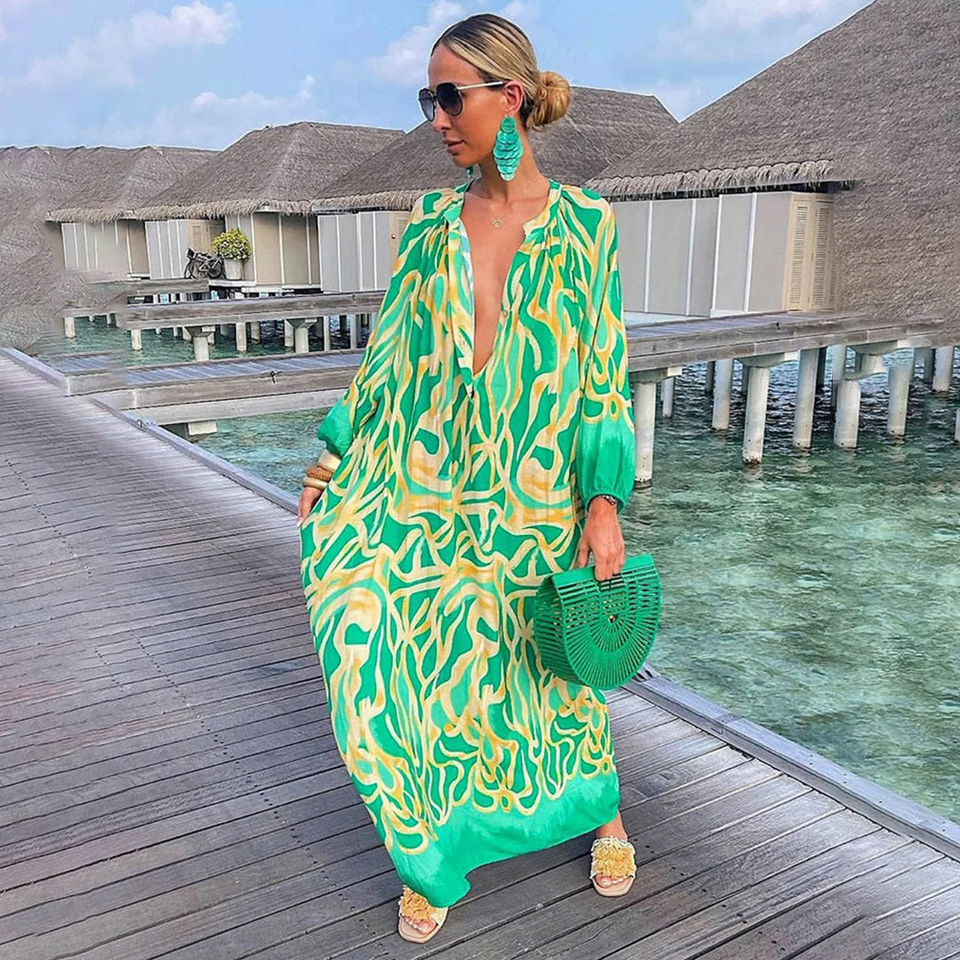 Lena - Vloeiende elegante maxi-jurk met een flatterende V-halslijn