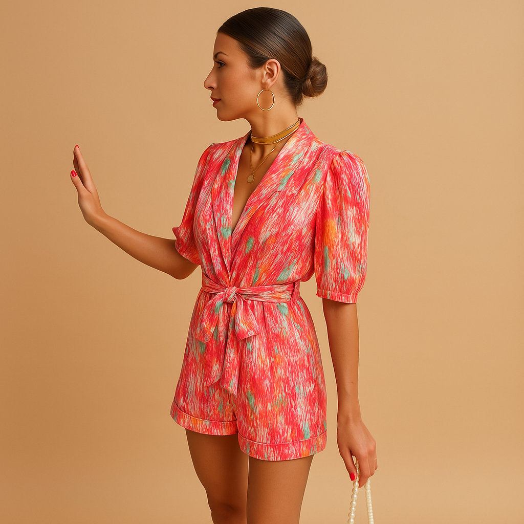 Juna – Moderne korte jumpsuit met diepe V-hals en riem in de taille