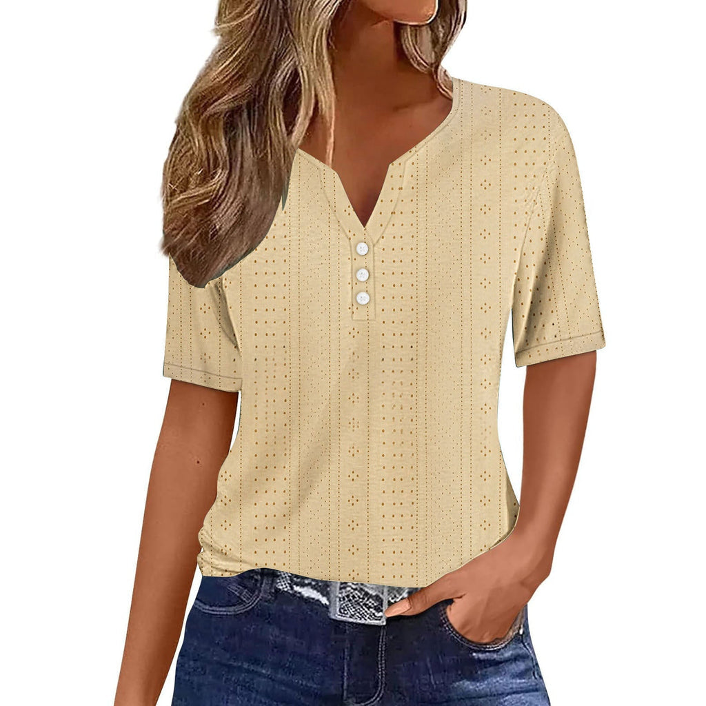 Helen – Korte Mouw Blouse met V Hals en Knopen Details