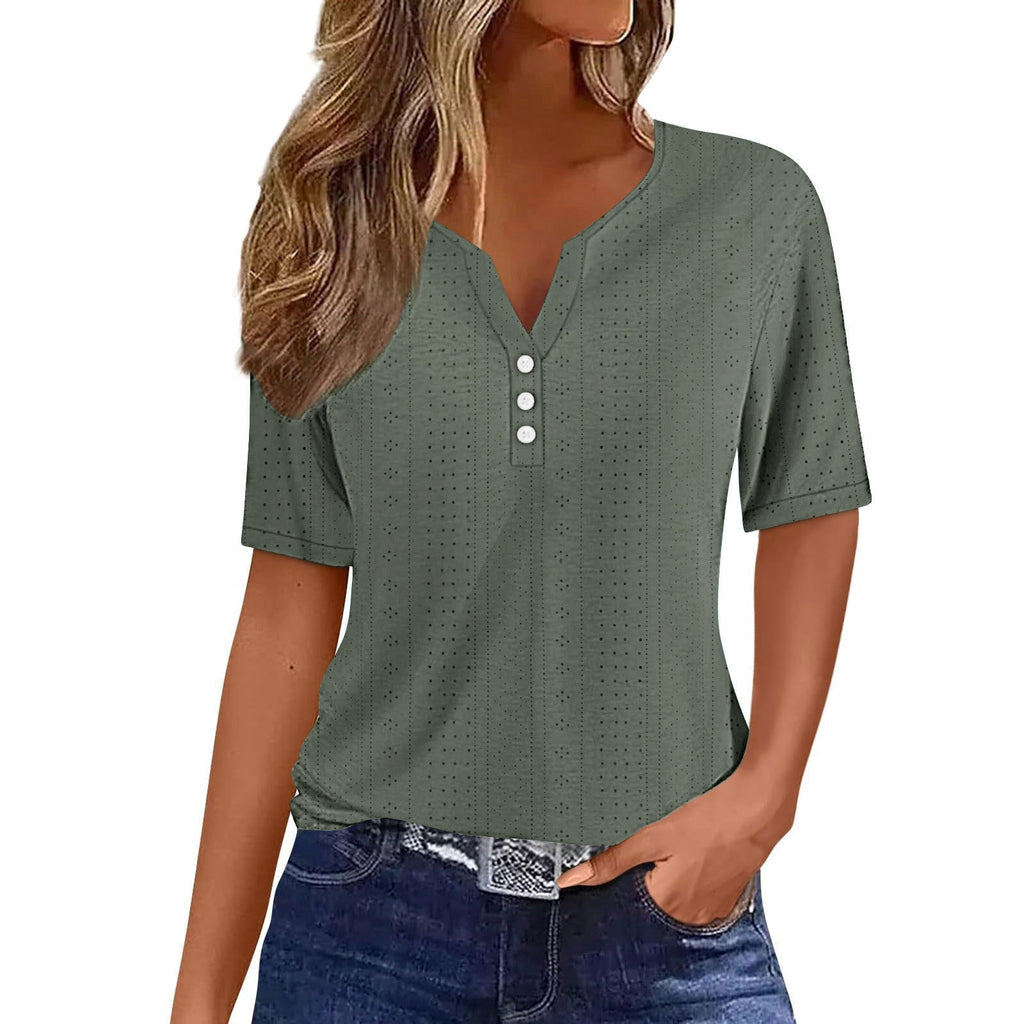 Helen – Korte Mouw Blouse met V Hals en Knopen Details