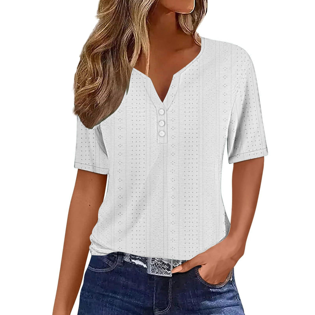 Helen – Korte Mouw Blouse met V Hals en Knopen Details