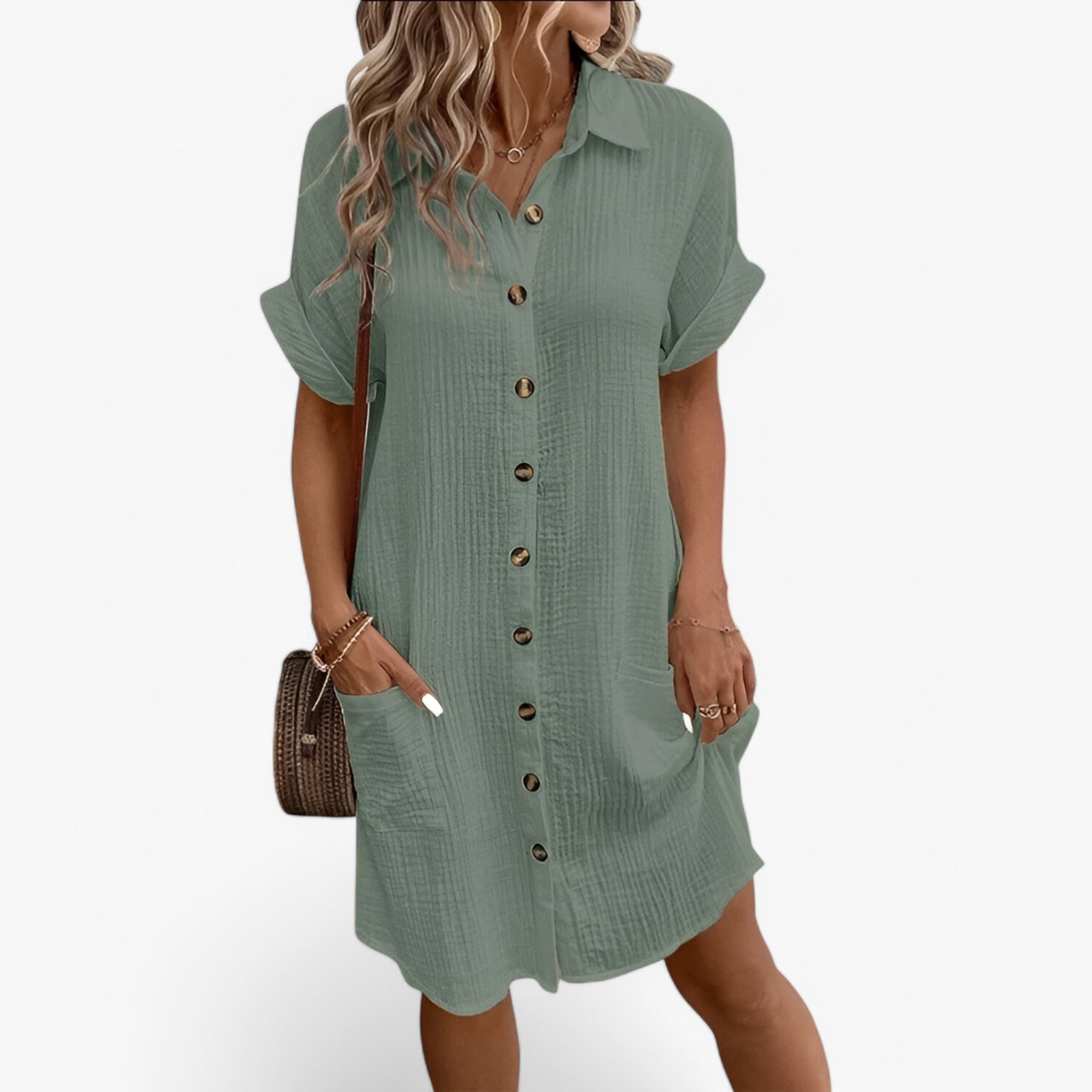 Tess - Elegante overhemdjurk met korte mouwen knoopsluiting en praktisch zakje