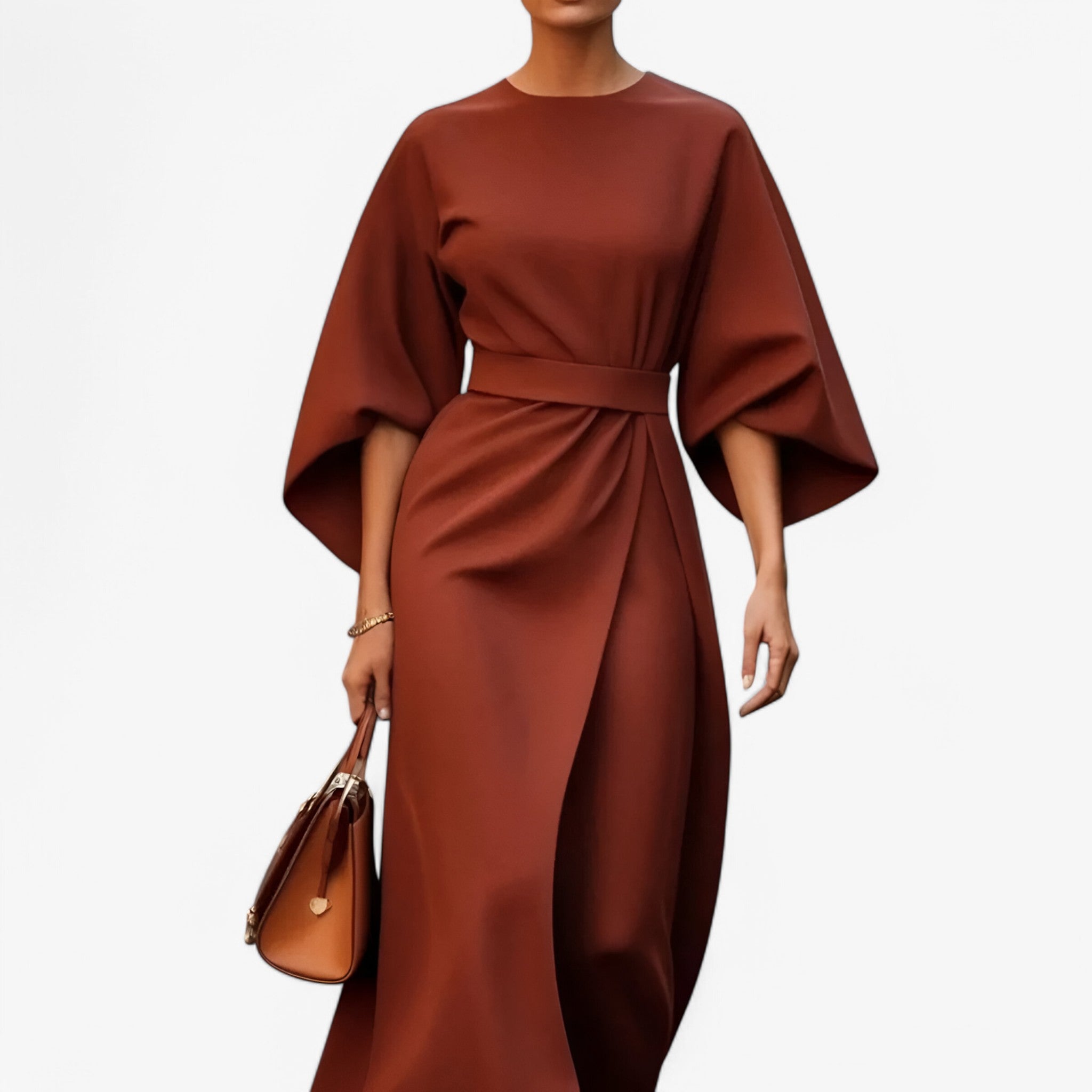 Jocelyn - Elegante jurk met hoge taille vleermuismouwen en asymmetrische snit