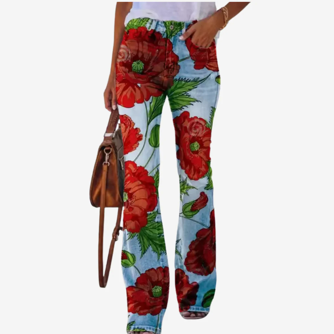 Livia – Trendy Flared Jeans met Unieke Bloemen- en Artistieke Patronen