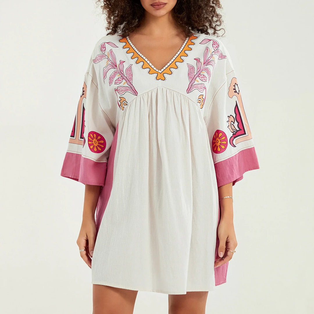 Leila – Trendy bloemenprint mini-jurk met V-hals en relaxte pasvorm