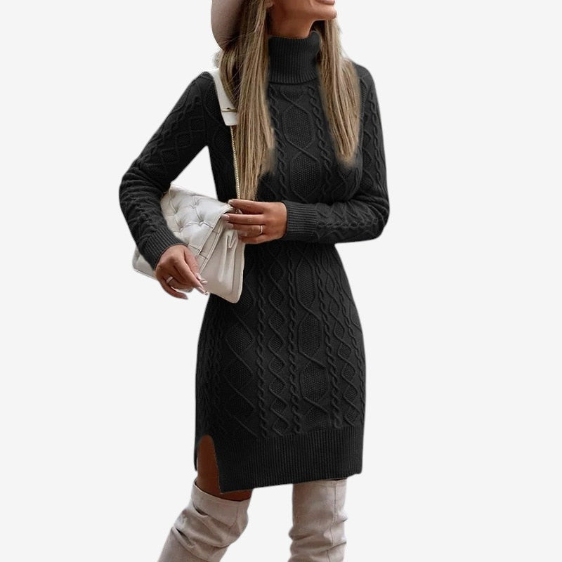 Karen - Lange Mouwen trui Jurk met Ronde Hals en Geribd Detail