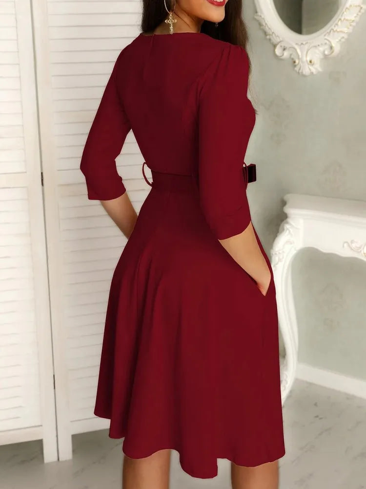 Mirella - Elegante Midi-jurk met korte mouwen en ronde halslijn