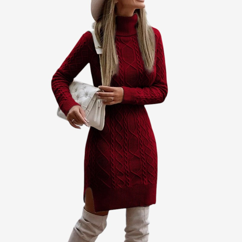 Karen - Lange Mouwen trui Jurk met Ronde Hals en Geribd Detail