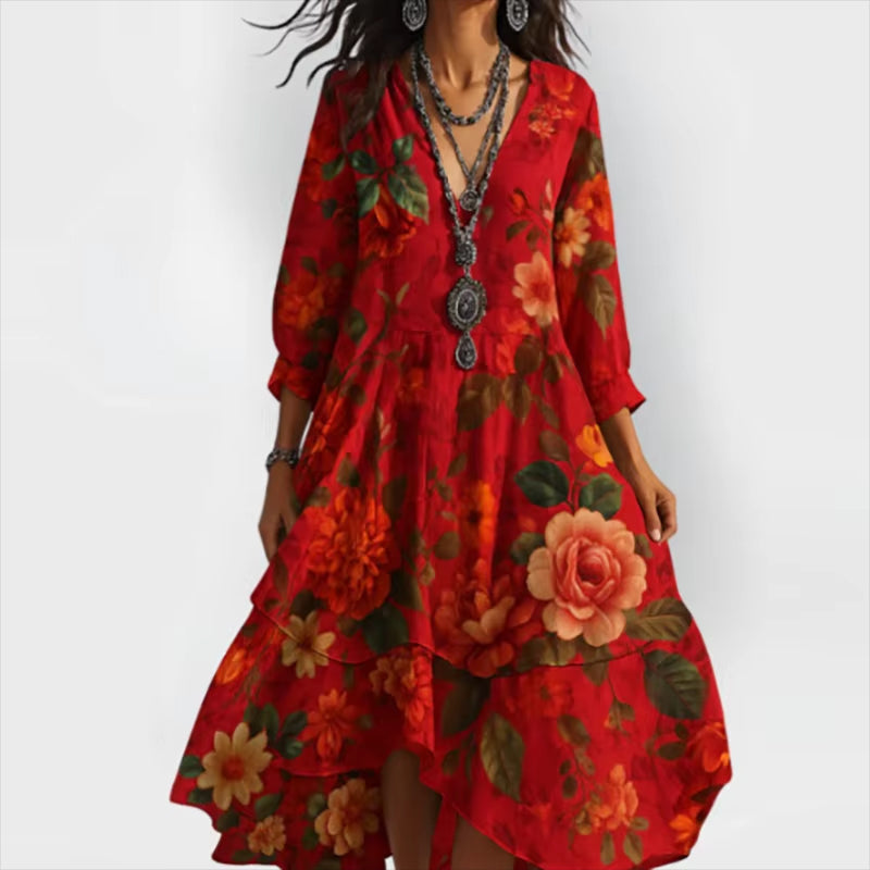 Lucía – Vintage Boho Midi-jurk met Bloemenprint en V-hals
