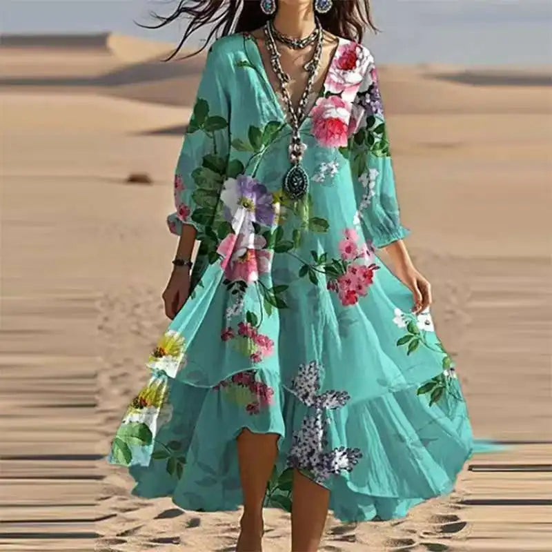 Lucía – Vintage Boho Midi-jurk met Bloemenprint en V-hals