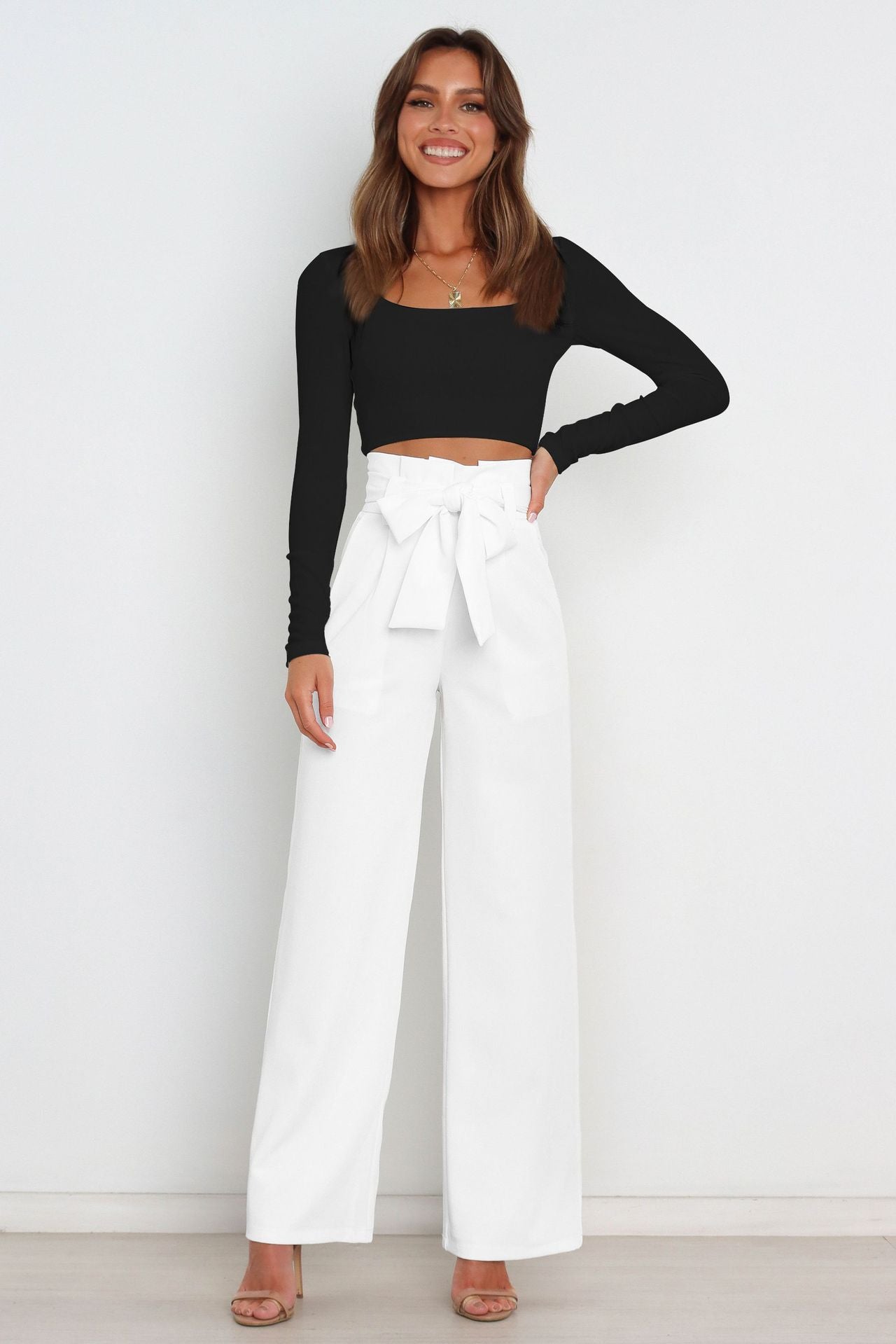 Isabella - Klassieke wijde broek met hoge taille en strikceintuur