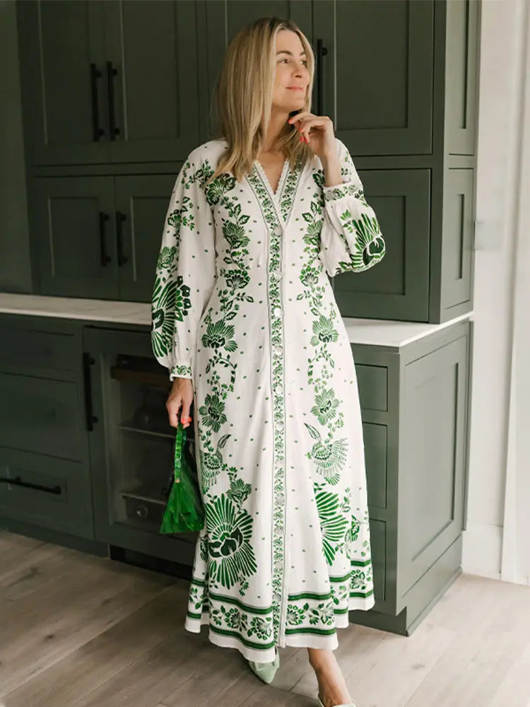 Mariah – Trendy V-hals maxi-jurk met lange mouwen en tailleband
