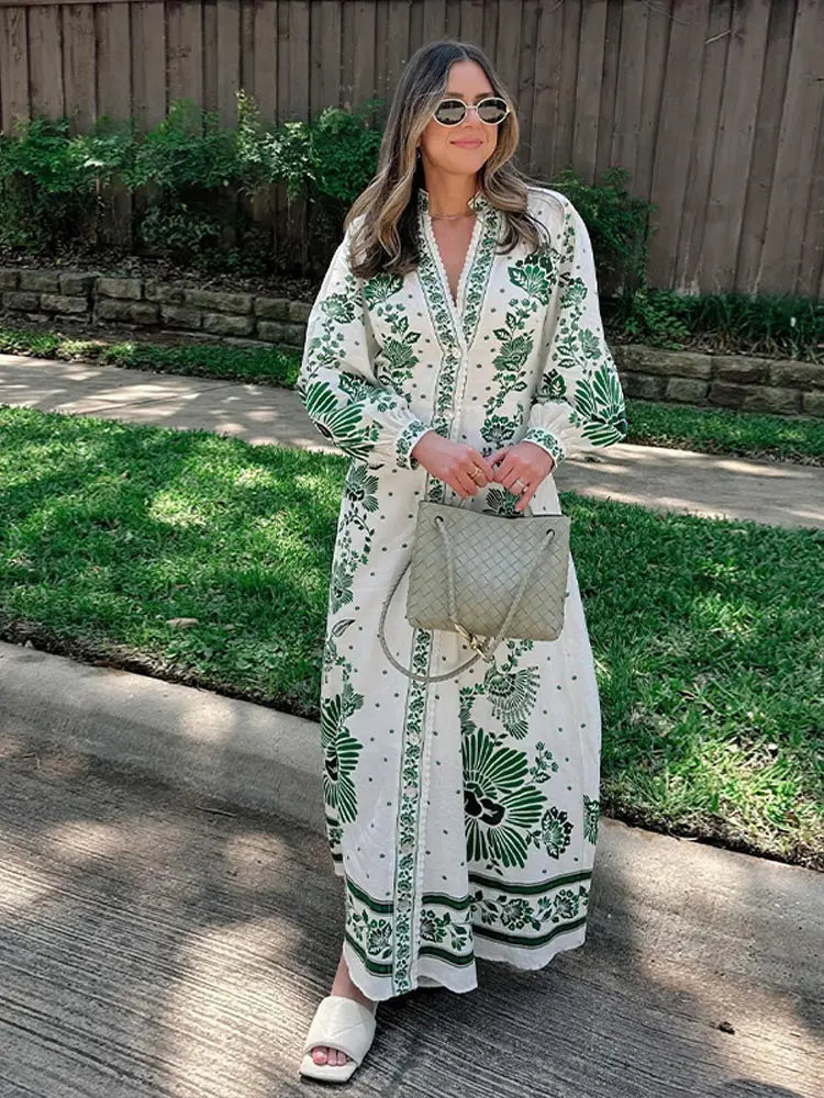 Mariah – Trendy V-hals maxi-jurk met lange mouwen en tailleband