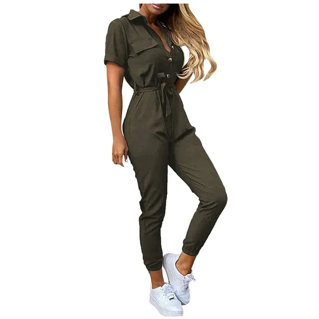 Mila – Chique jumpsuit met riem Korte Mouwen en Zakken