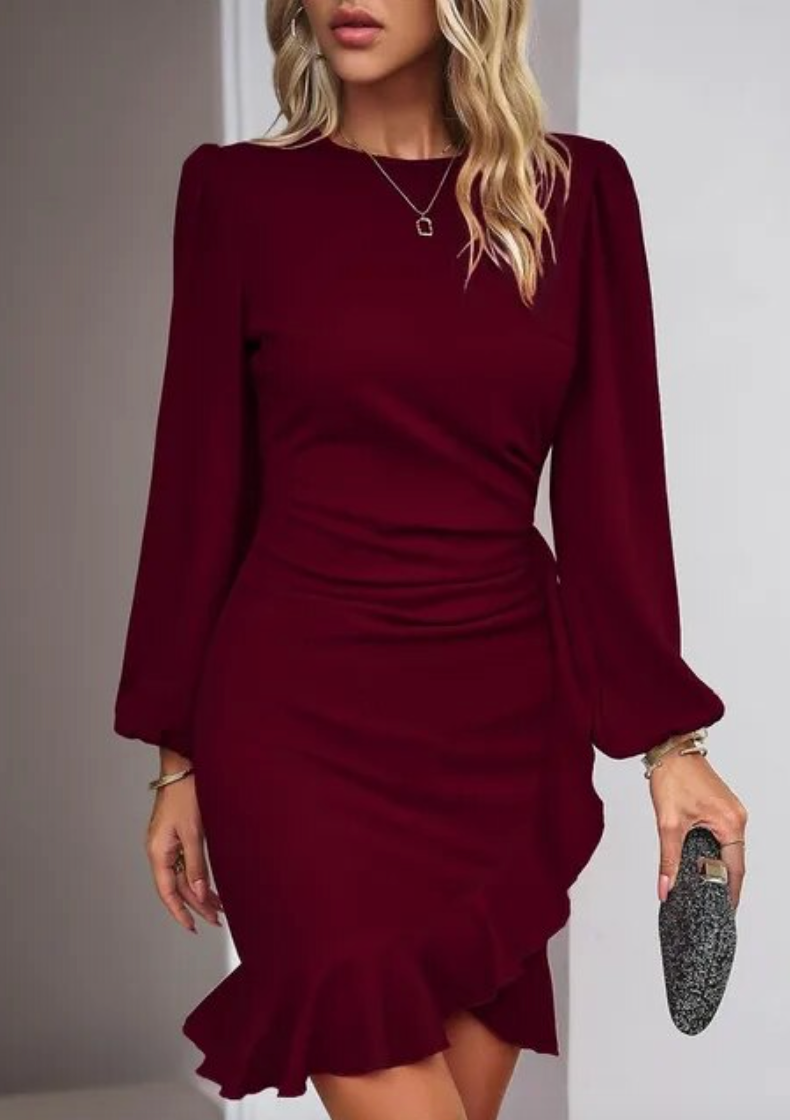 Belia – Elegante jurk met lange mouwen, flatterende pasvorm en zoom met ruches