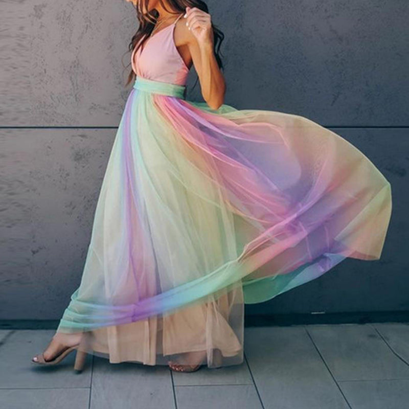 Kiera - Mouwloze Maxi Jurk met Regenboogprint en V Hals
