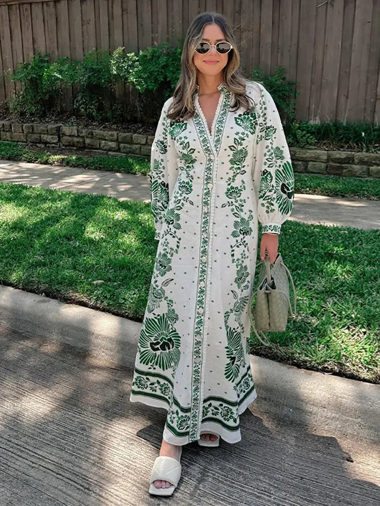 Mariah – Trendy V-hals maxi-jurk met lange mouwen en tailleband