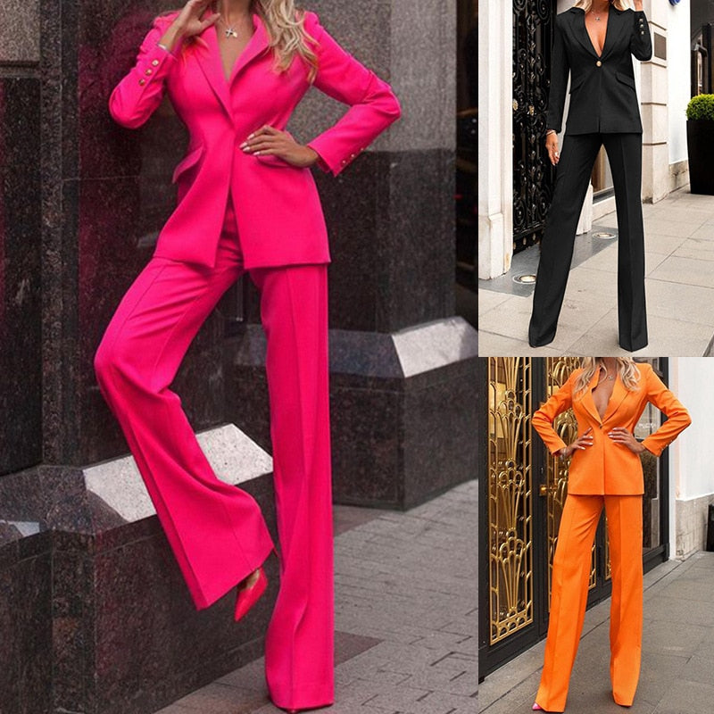 Seraphina – Op maat gemaakte tweedelig set met lange mouwen blazer en wijde broek