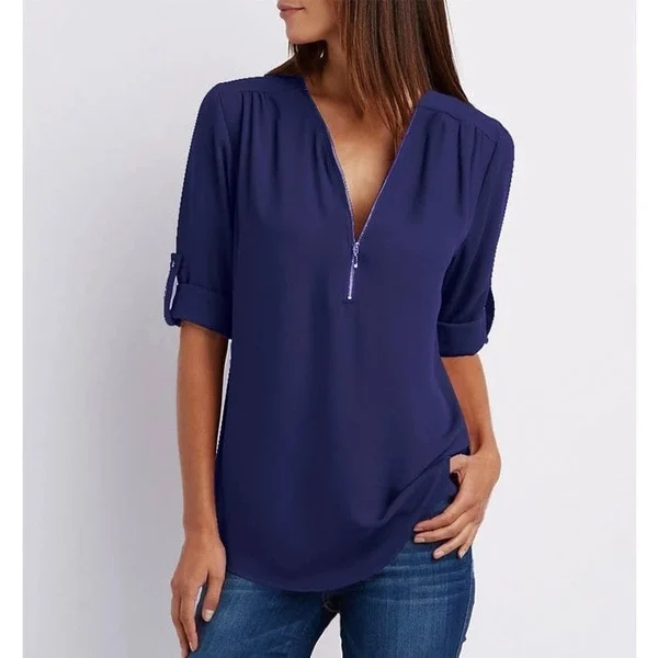 Siena – Losse blouse met ritssluiting aan de voorkant en diepe V-hals