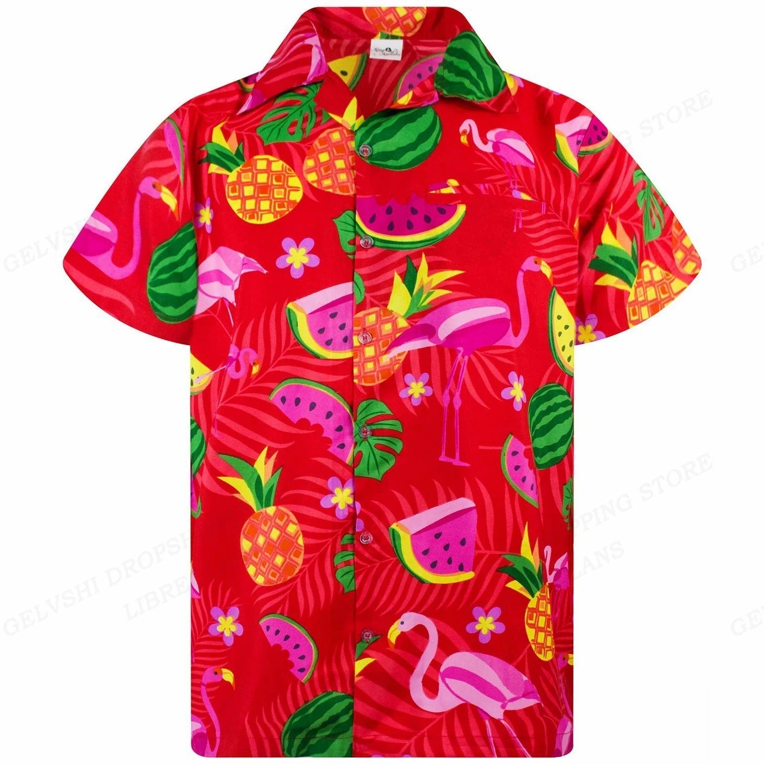 Marco - Overhemd met tropische flamingoprint en korte mouwen