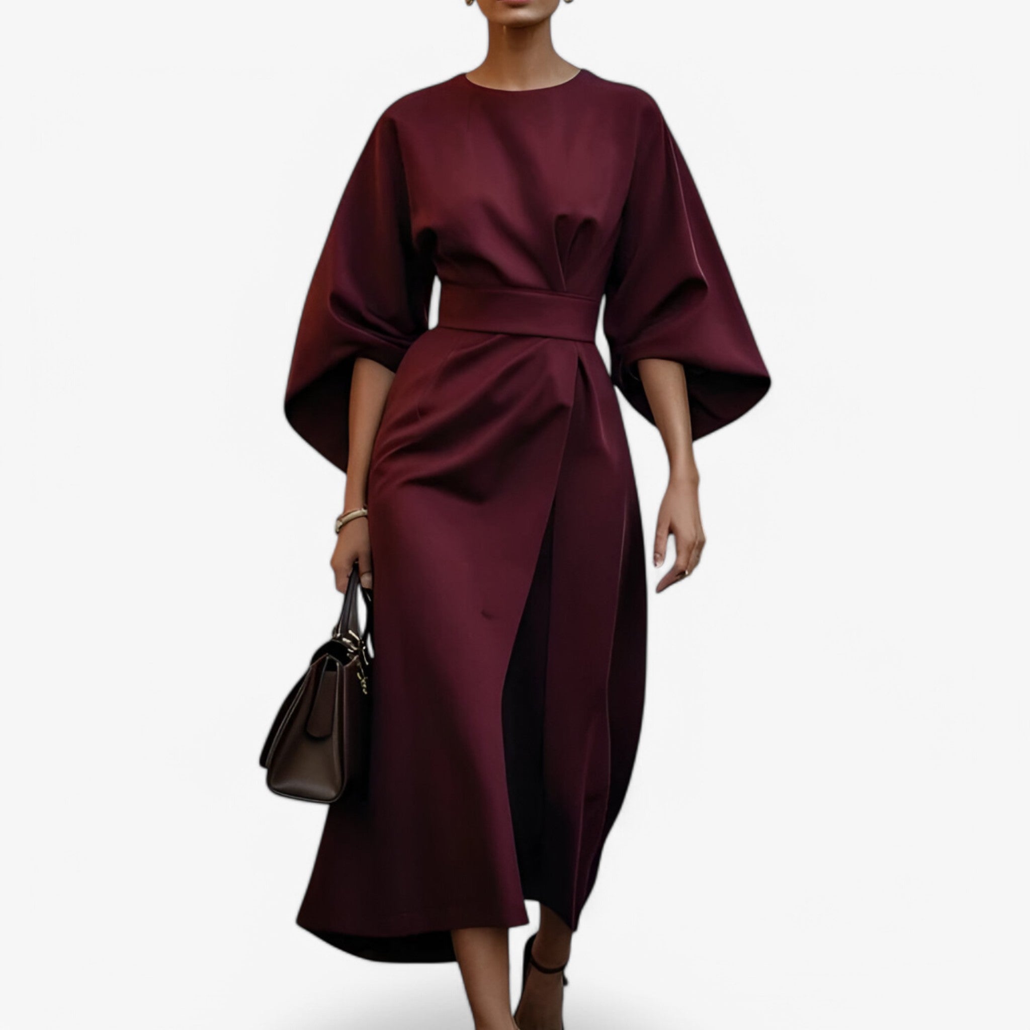 Jocelyn - Elegante jurk met hoge taille vleermuismouwen en asymmetrische snit
