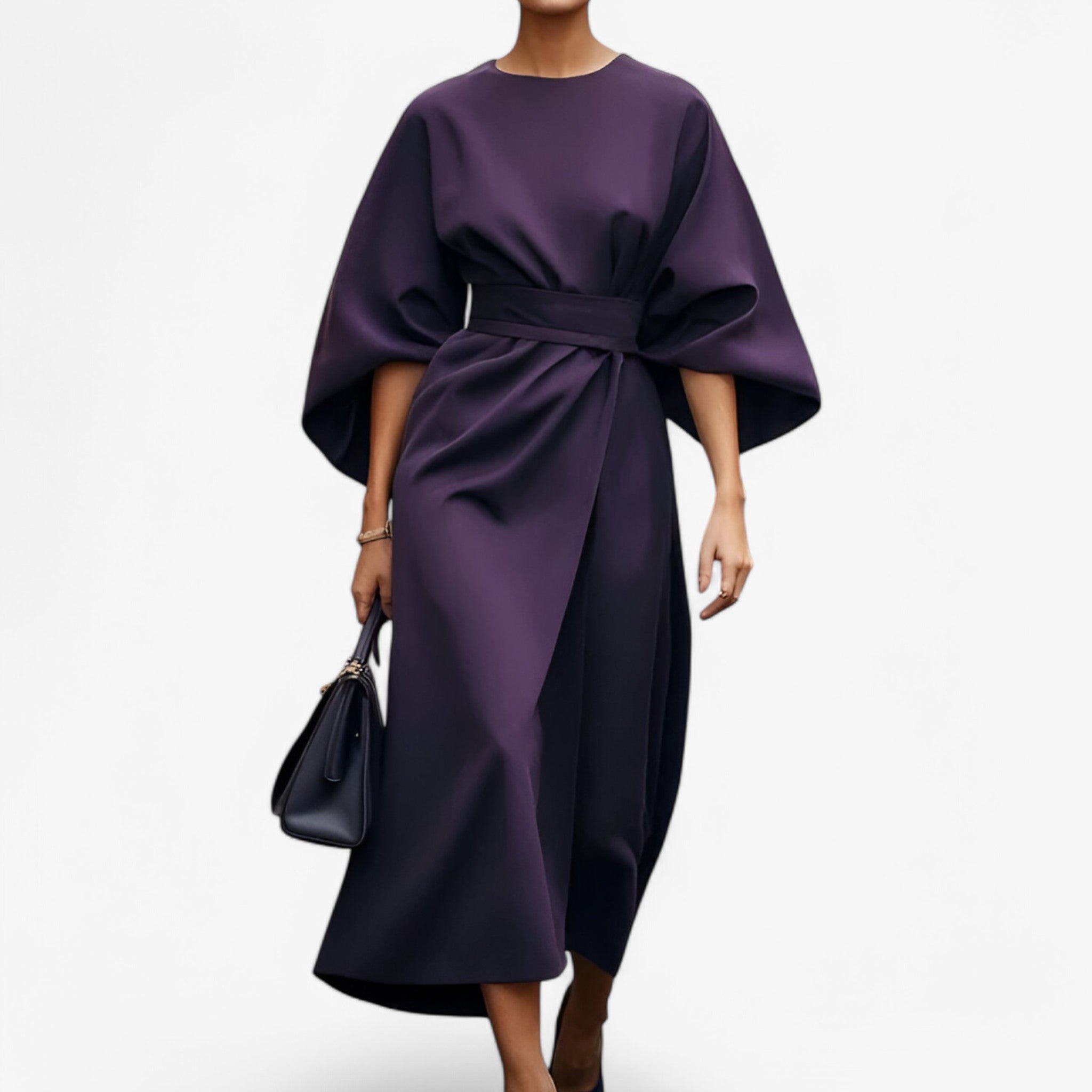 Jocelyn - Elegante jurk met hoge taille vleermuismouwen en asymmetrische snit