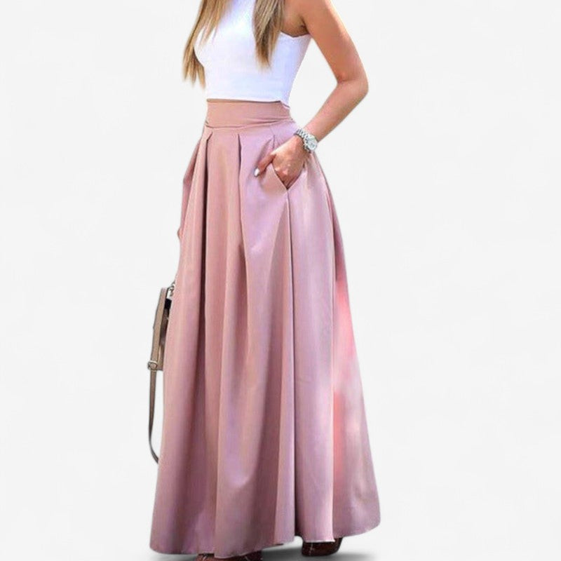 Bella – Geplooide Lange Rok met Hoge Taille en Zakken
