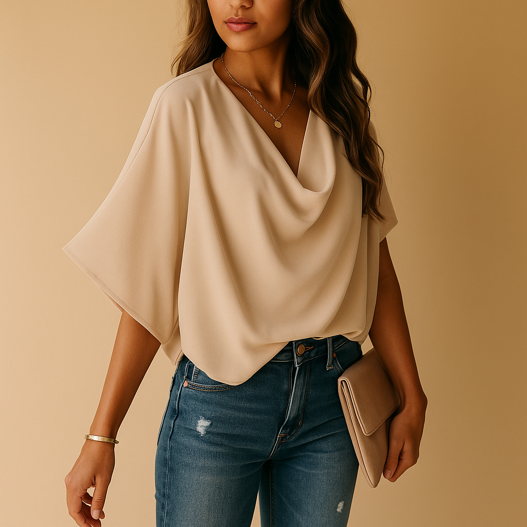Esme – Gedrapeerde blouse met vleermuismouwen en diepe V-hals