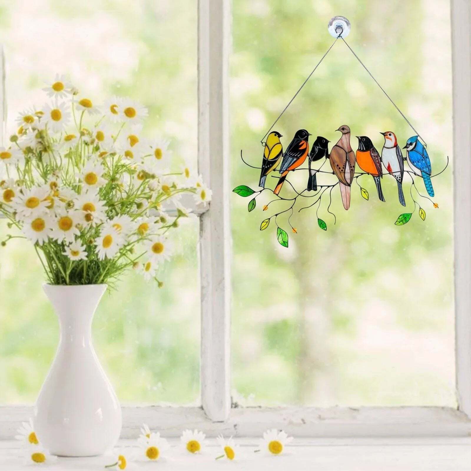 SpringBirds - Kleurrijke glas-in-lood vogelzonnevanger voor thuisdecoratie