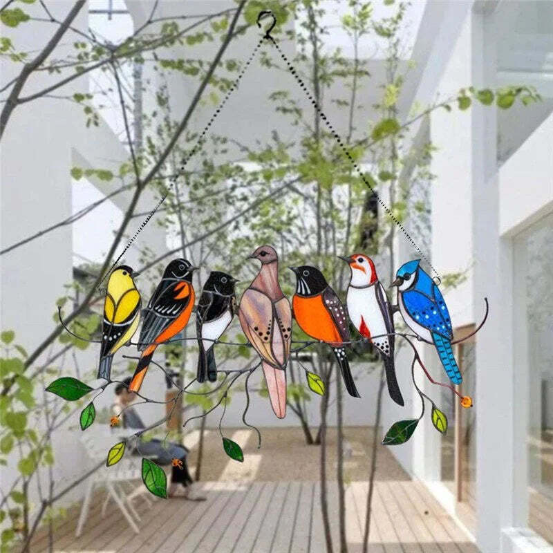 SpringBirds - Kleurrijke glas-in-lood vogelzonnevanger voor thuisdecoratie