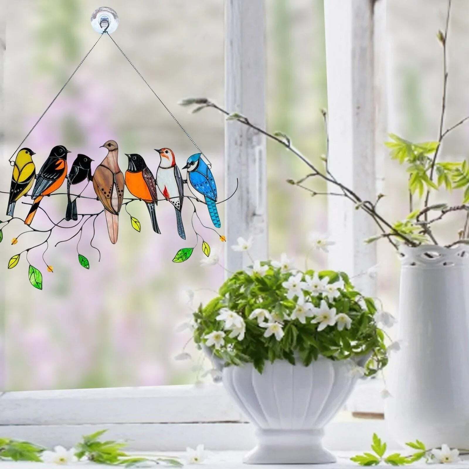 SpringBirds - Kleurrijke glas-in-lood vogelzonnevanger voor thuisdecoratie