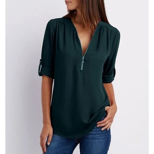 Siena – Losse blouse met ritssluiting aan de voorkant en diepe V-hals
