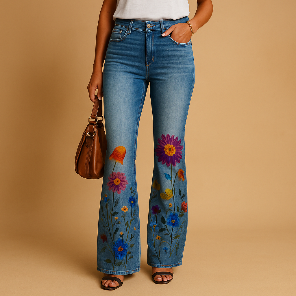 Seraphina – Flared jeans met bloemenprint en functionele zijzakken