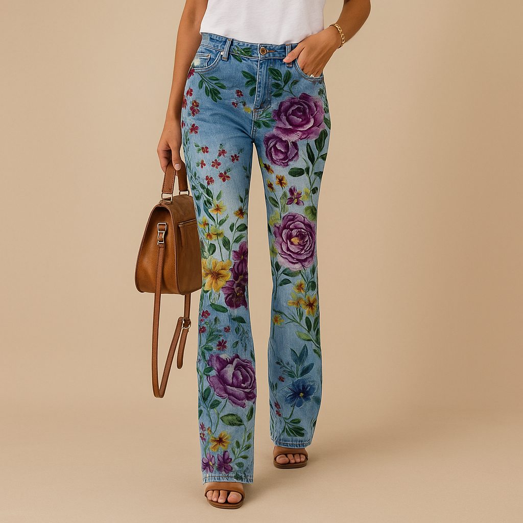 Seraphina – Flared jeans met bloemenprint en functionele zijzakken