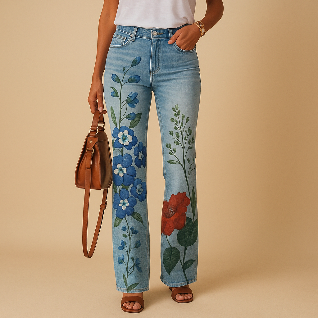 Seraphina – Flared jeans met bloemenprint en functionele zijzakken