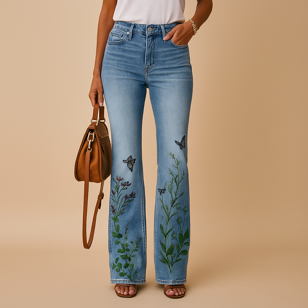 Seraphina – Flared jeans met bloemenprint en functionele zijzakken