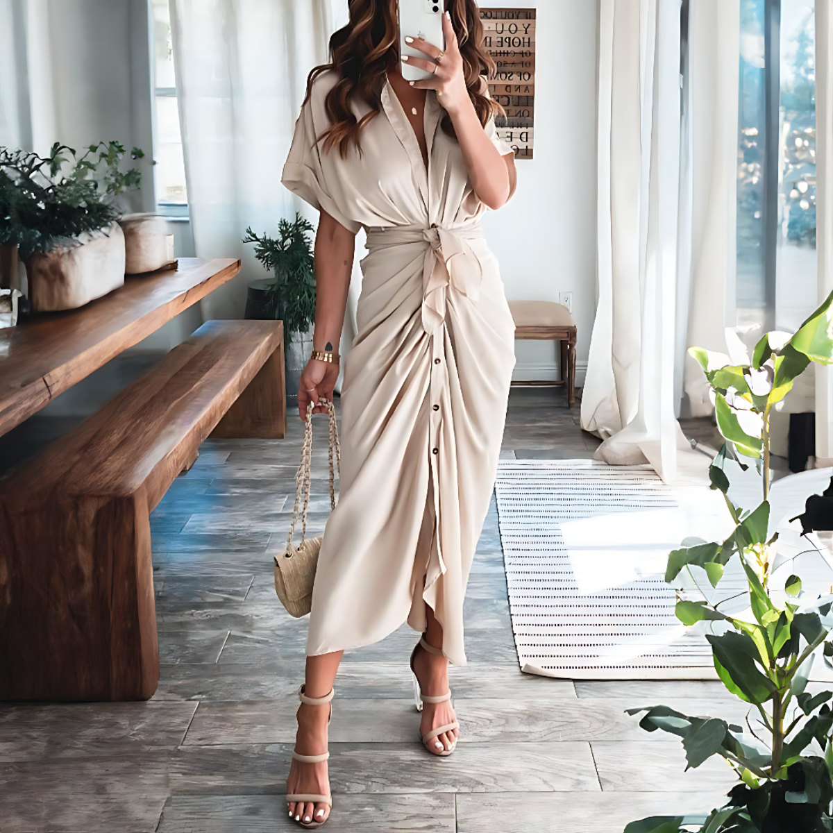 Claire – Trends maxi-jurk met knoopdetails aan de voorkant en korte mouwen