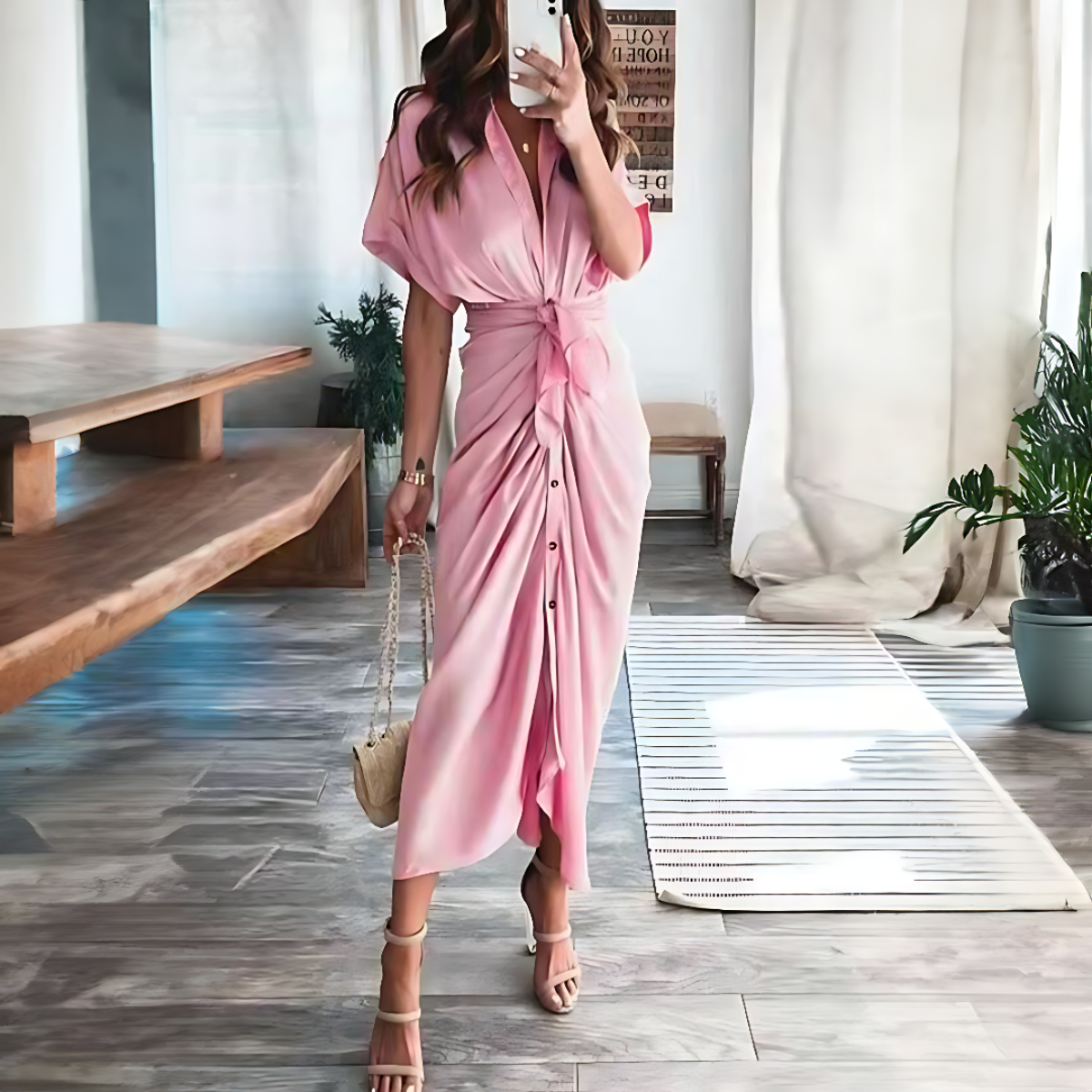 Claire – Trends maxi-jurk met knoopdetails aan de voorkant en korte mouwen