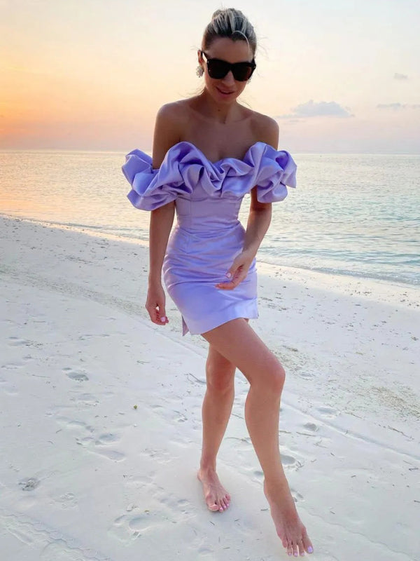 Celina - Stijlvolle midi jurk met off shoulder en geplooide rand