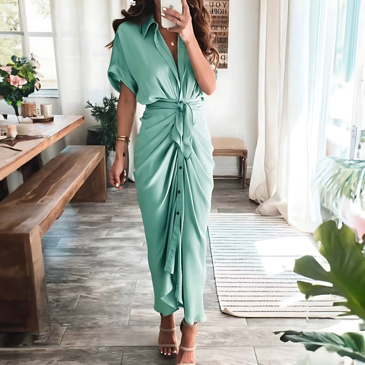Claire – Trends maxi-jurk met knoopdetails aan de voorkant en korte mouwen