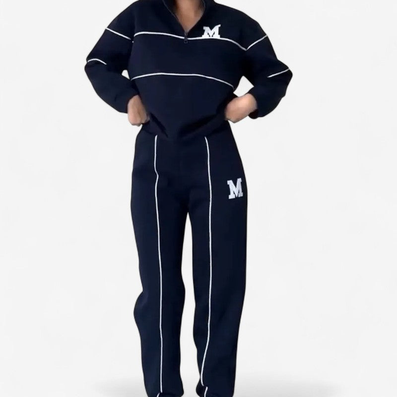 Amanda – Tweedelige Set met Lange Mouwen Shirt met Ritssluiting en Wijd Pijp Broek