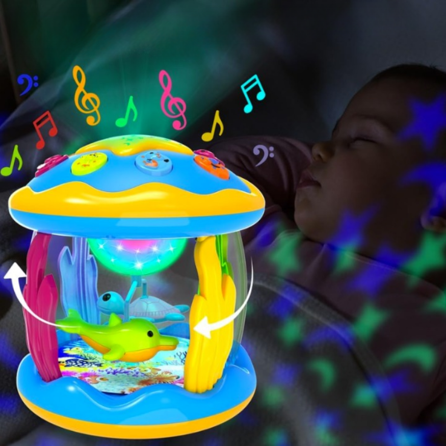 TummyGlow - Draaiend babyspeeltje met oceaanthema koepelprojector en oppervlaktebedieningsknoppen