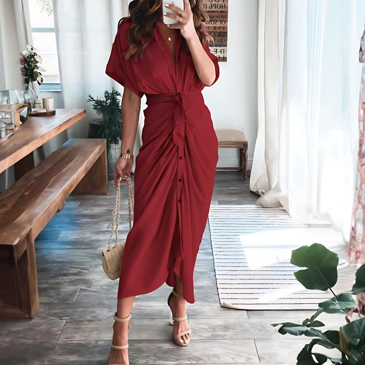 Claire – Trends maxi-jurk met knoopdetails aan de voorkant en korte mouwen