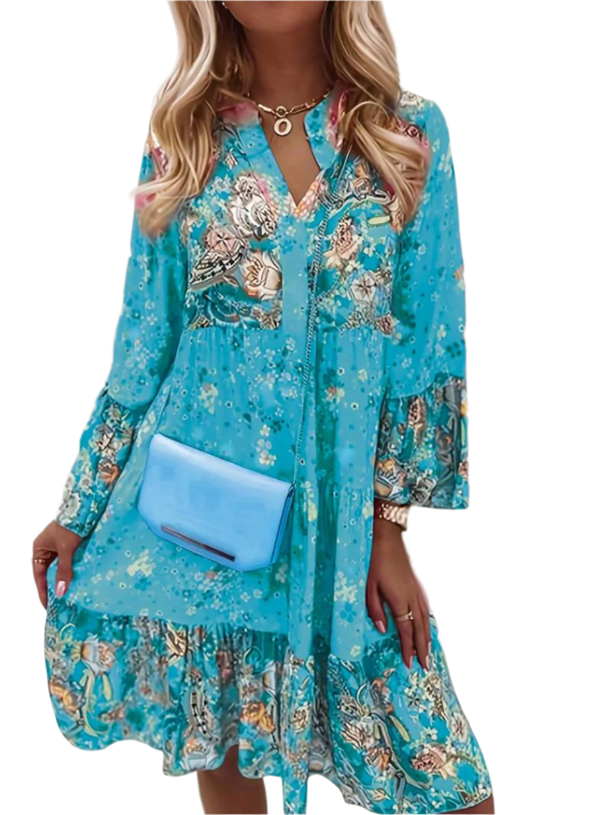 Grace - Elegante geprinte jurk met diepe V-hals en geplooide lange mouwen