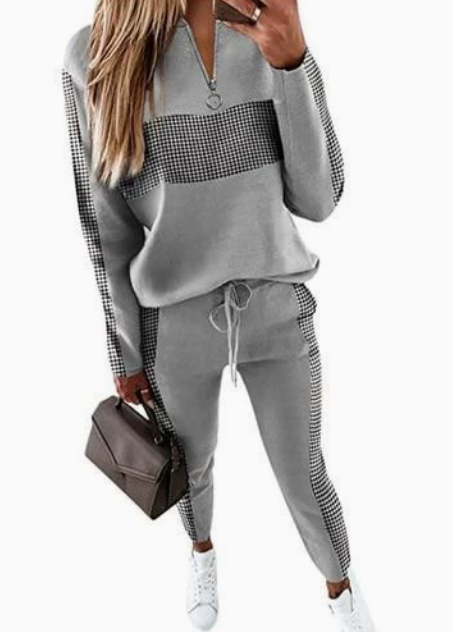 Chloe - Stijlvol Geruit Sweatshirt en Jogger Set met Ziper Hals