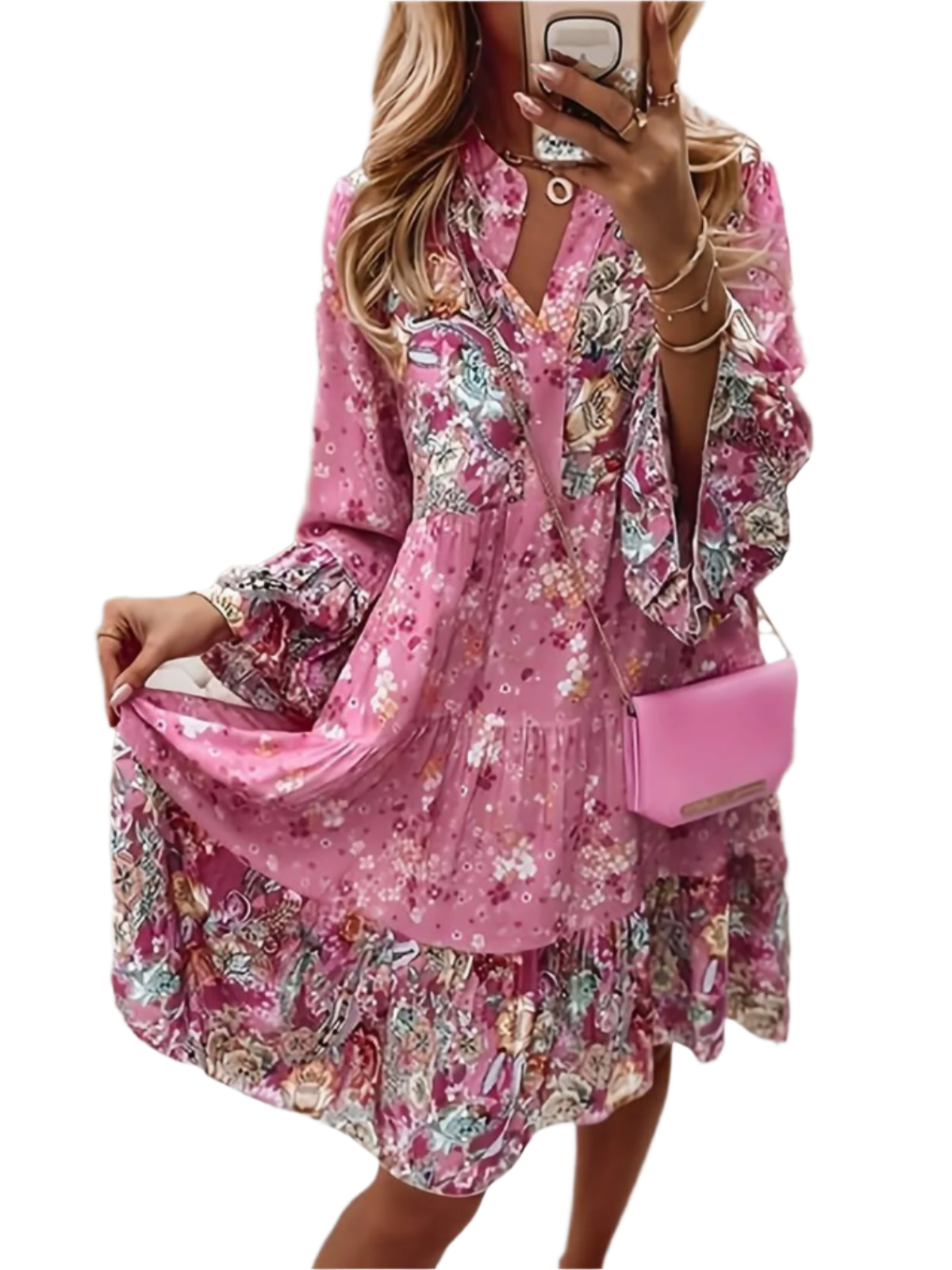Grace - Elegante geprinte jurk met diepe V-hals en geplooide lange mouwen