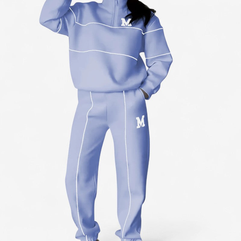 Amanda – Tweedelige Set met Lange Mouwen Shirt met Ritssluiting en Wijd Pijp Broek