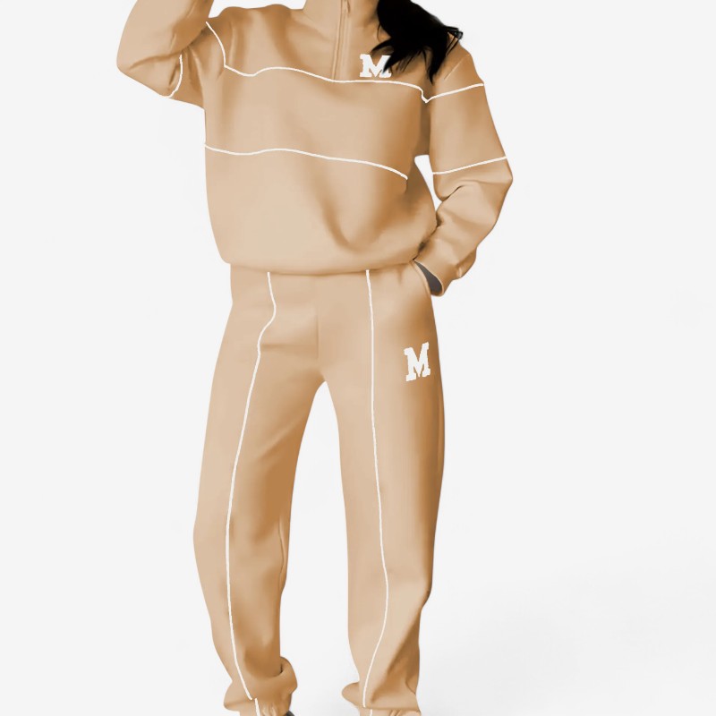 Amanda – Tweedelige Set met Lange Mouwen Shirt met Ritssluiting en Wijd Pijp Broek